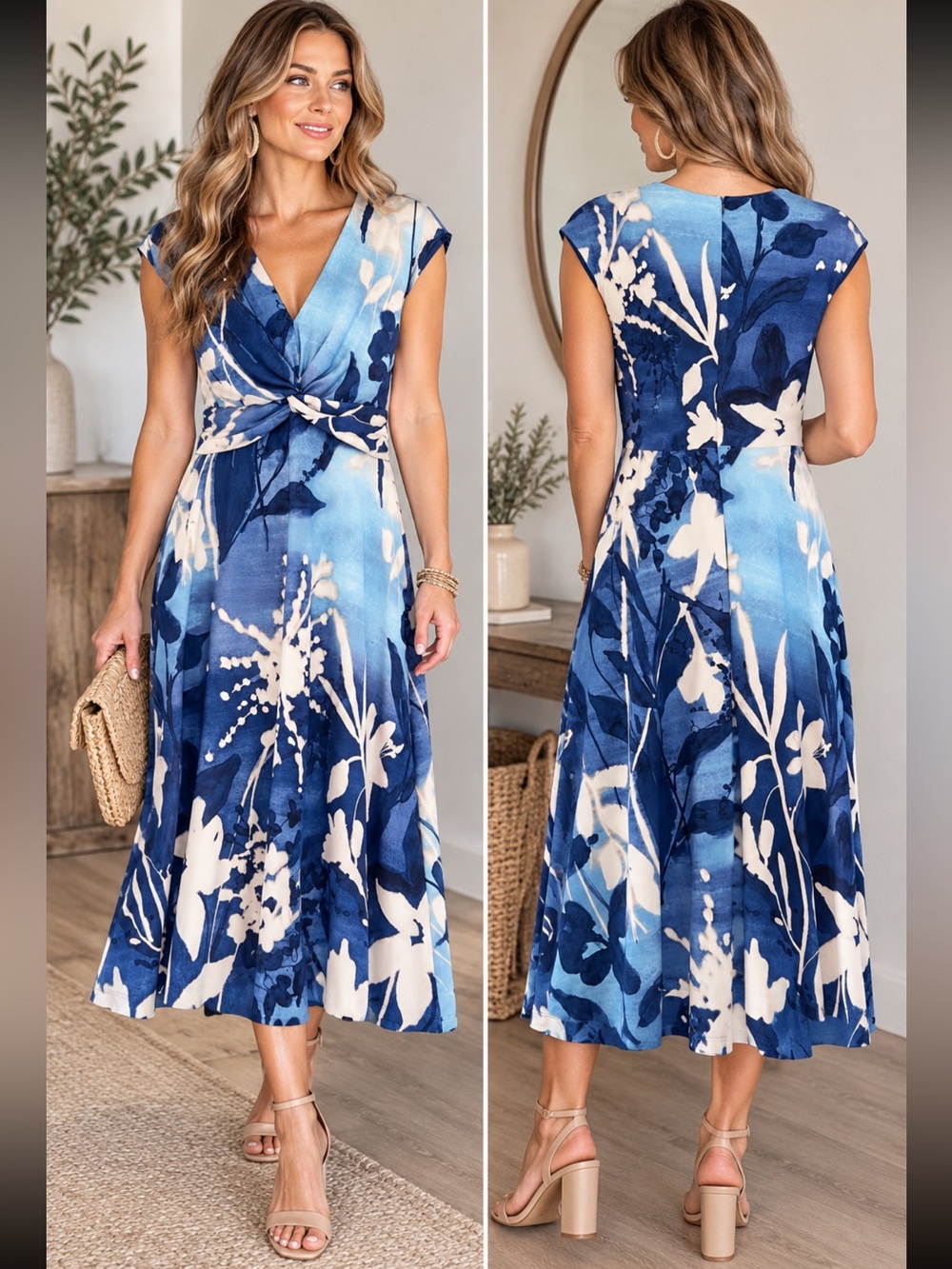 DKNY Feminine Blue Floral Twist-Front Midi Dress